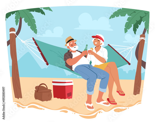 Senior Couple Characters Enjoying Relaxing Moment In Hammock On A Tropical Beach With Palm Trees, A Cooler