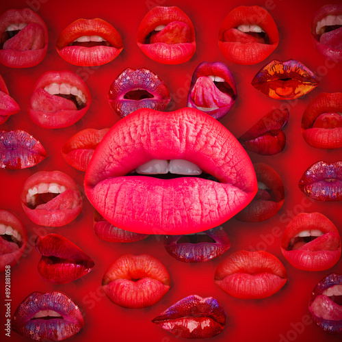 Lips and mouth. Female lip in red background. Woman lips.