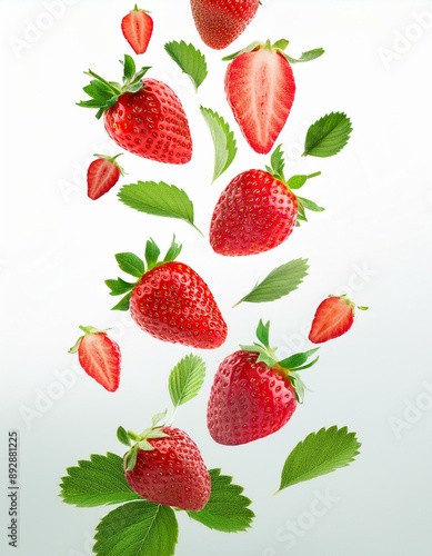 pluie de fraises et de feuilles sur fond orange, papier peint ia 