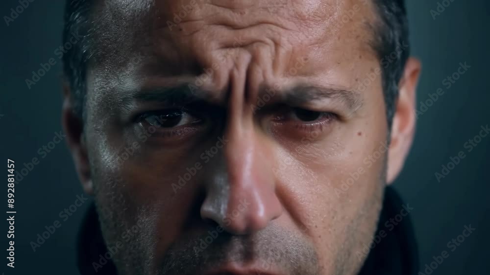 The camera zeroes in on a mans sweating forehead as he frantically looks around fear etched into every line on his face. The camera zeroes in on a mans sweating forehead as he frantically looks around fear etched into every line on his face.