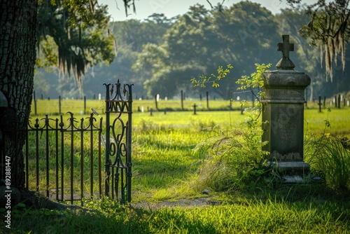 Cemetery Fence at Mandeville Cemetery. Rustic Fence Amidst Green Grass and Trees photo