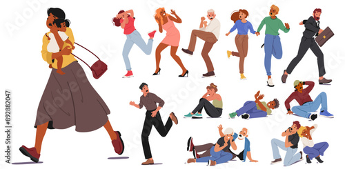 Diverse Group Of People Expressing Fear And Anxiety In Various Situations. Includes Men And Women Reacting With Terror