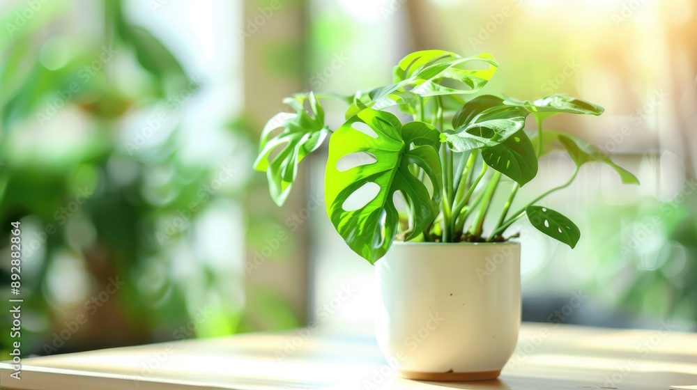 Young Monstera deliciosa in white pot on light background, home gardening and nature connection Young Monstera deliciosa in white pot on light background, home gardening and nature connection