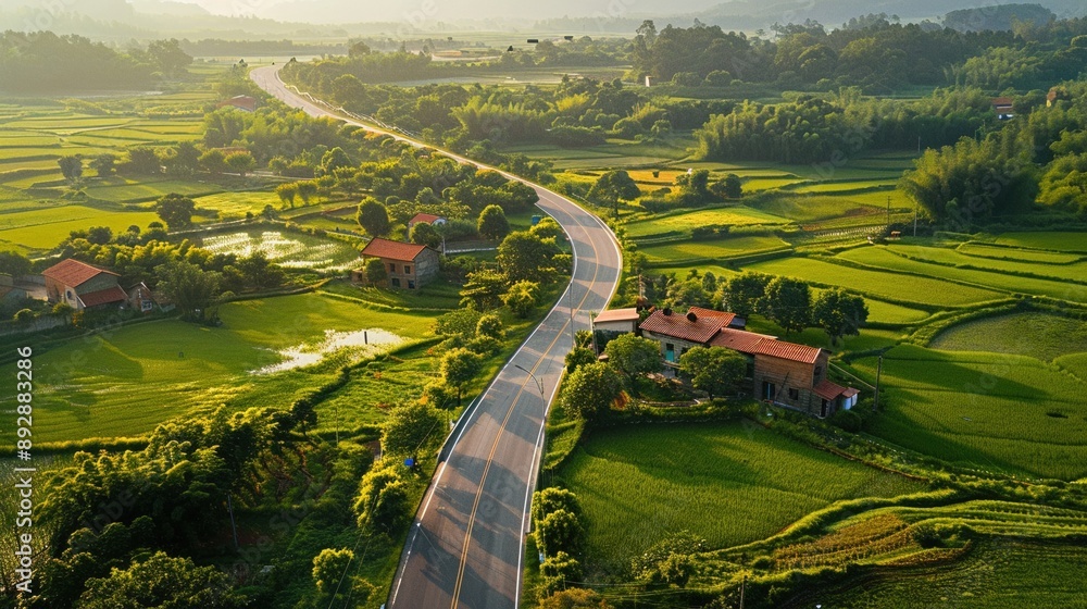 Obraz premium Highway and rural village, small houses, fields, tranquil scenery