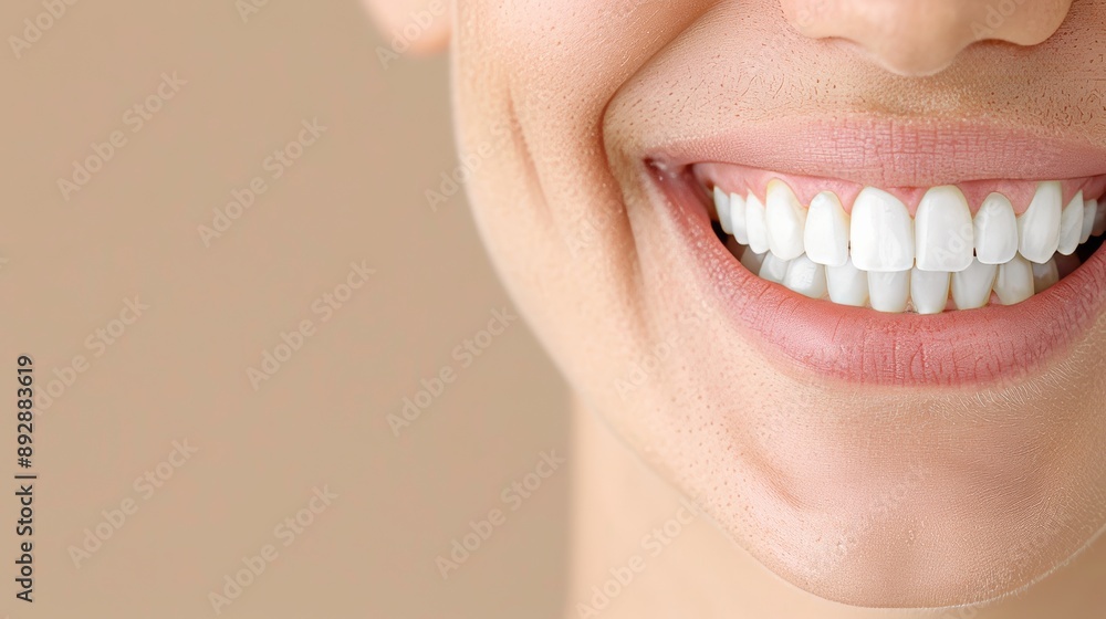 Obraz premium Happy Expression, Detailed view of a smiling mouth with perfect teeth, Subtle beige backdrop