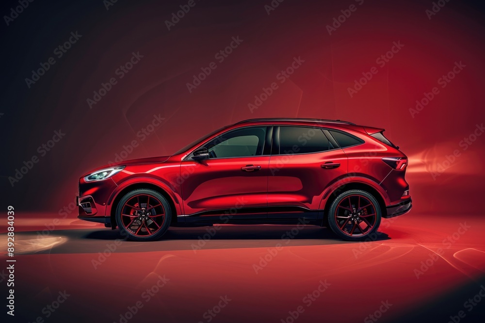 A red sport utility vehicle is parked in a room with a similar red color scheme A red sport utility vehicle is parked in a room with a similar red color scheme