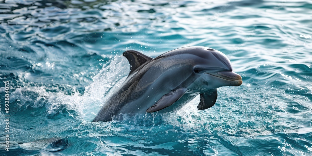 Fototapeta premium Dolphin Smiling. One White Mammal Jumping in Aquatic Ocean