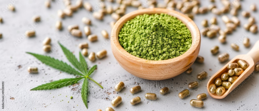 CBD Supplements, Green powder in wooden bowl with capsules and cannabis leaf, Natural Health Products. CBD Supplements, Green powder in wooden bowl with capsules and cannabis leaf, Natural Health Products.