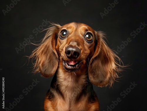 Surprised dachshund dog with wide open eyes and mouth agape in striking photography shot