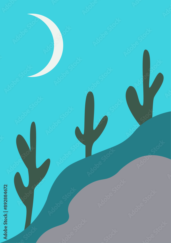 Desert landscape with cactus at night in boho style Desert landscape with cactus at night in boho style