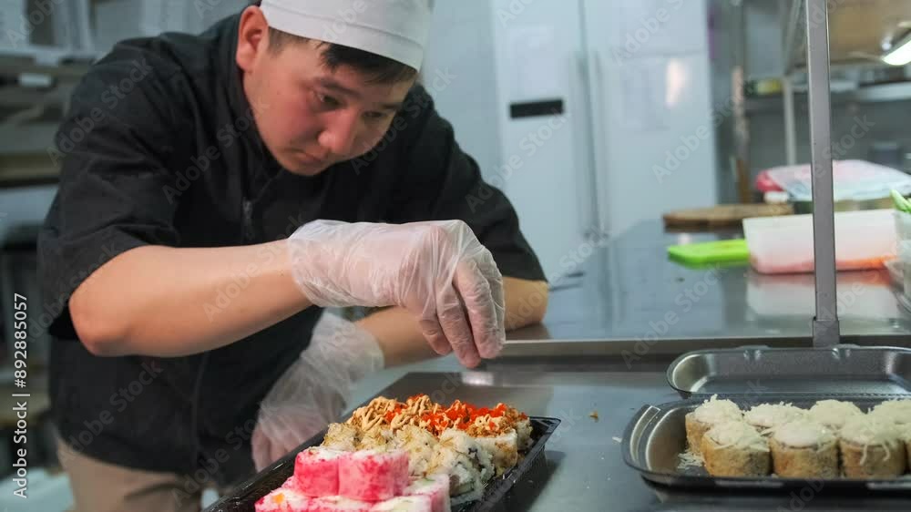 Asian man sushi bar chef sprinkles ready-made rolls with red caviar for delivery in black plastic boxes to a takeaway client. Slow motion. Asian man sushi bar chef sprinkles ready-made rolls with red caviar for delivery in black plastic boxes to a takeaway client. Slow motion.