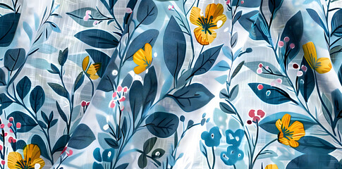 Flower block print fabric with linen texture effect. Chic fashion motifs border design for a chic background motif.