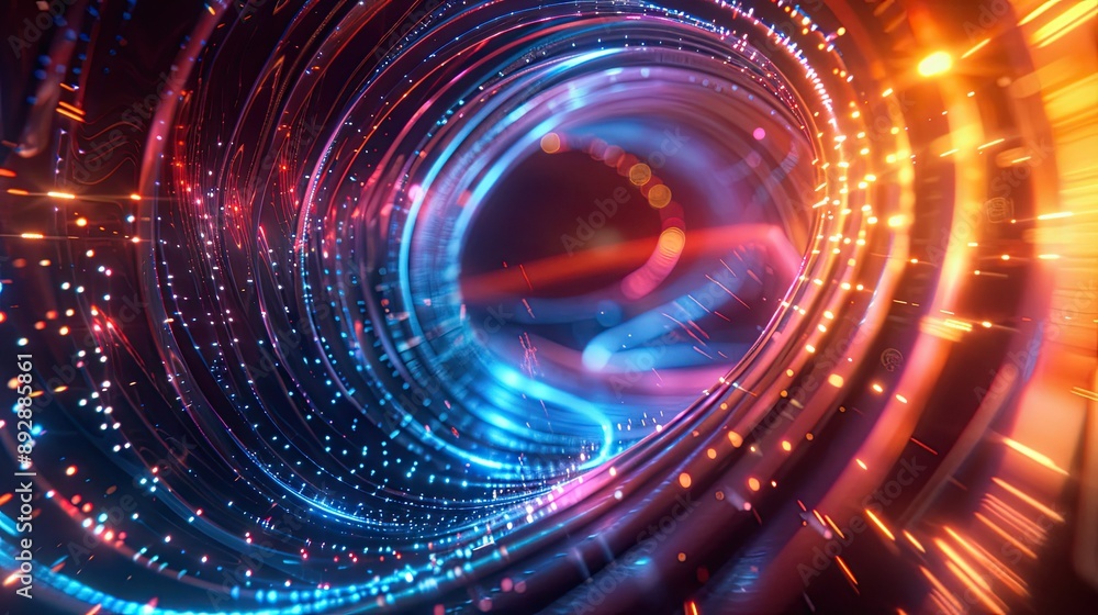 A bright 3D background with swirling vortex of colorful lines and particles A bright 3D background with swirling vortex of colorful lines and particles
