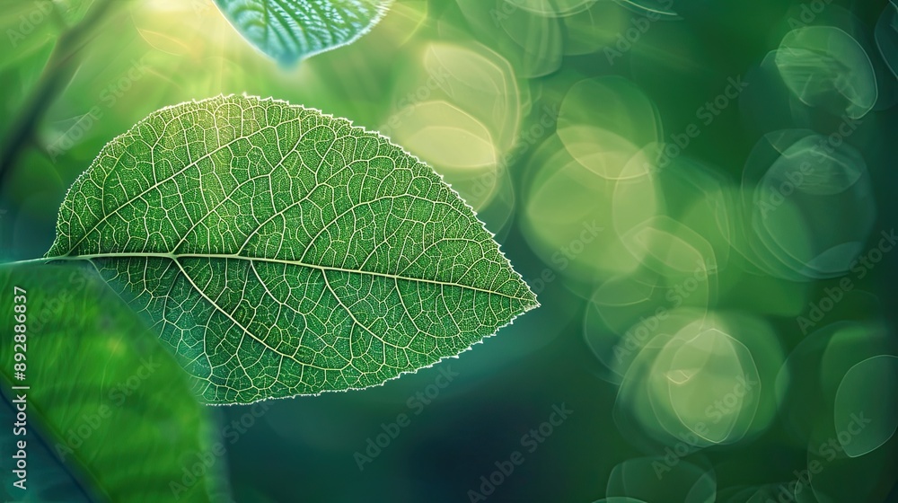 A close up of a vibrant green leaf with delicate veins, set against a softly blurred forest backdrop A close up of a vibrant green leaf with delicate veins, set against a softly blurred forest backdrop