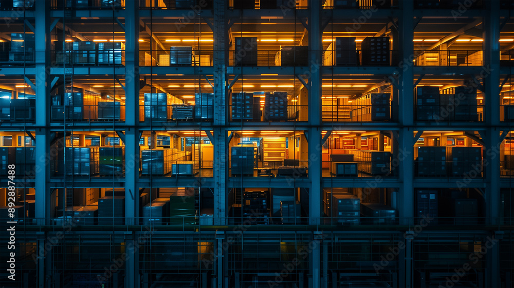 夕暮れ時の日本の物流倉庫