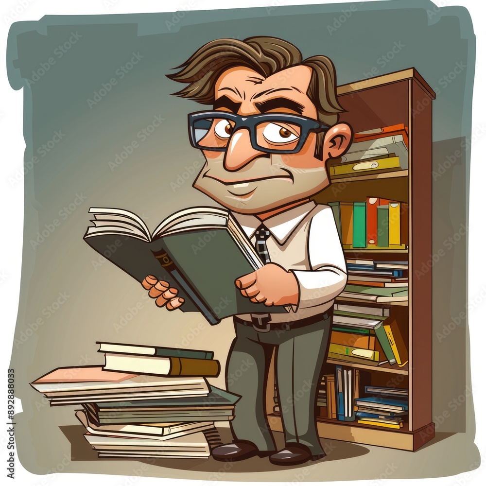 Cartoon Dictionary: Office Worker Character Engaged in Academic Literature at University Cartoon Dictionary: Office Worker Character Engaged in Academic Literature at University