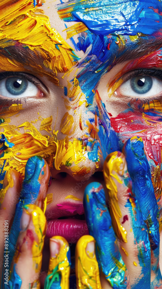 Obraz premium A woman with blue eyes has colorful paint smeared across her face and hands