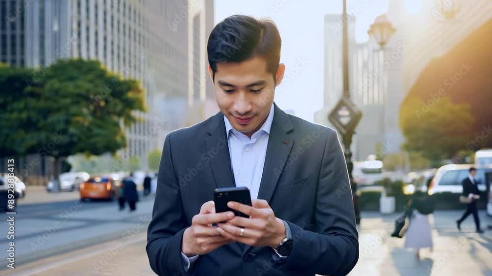 Business man walking street texting on phone Business man walking street texting on phone
