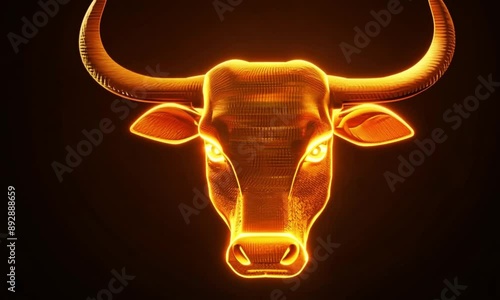 Glowing neon bull head on a dark background, representing power, strength, and energy photo