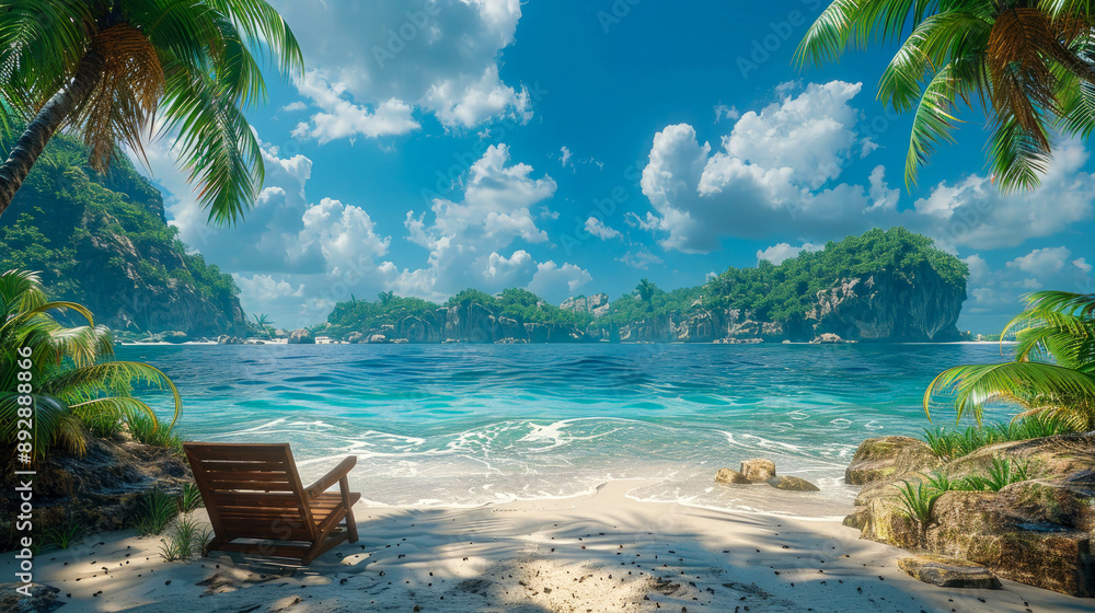 Fototapeta premium A beach chair by a serene tropical seaside with clear blue water, lush greenery, and a mountainous backdrop