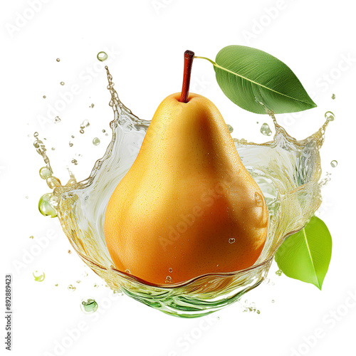 ripe pear floating fruitn green leavesnwater splash on white background photo