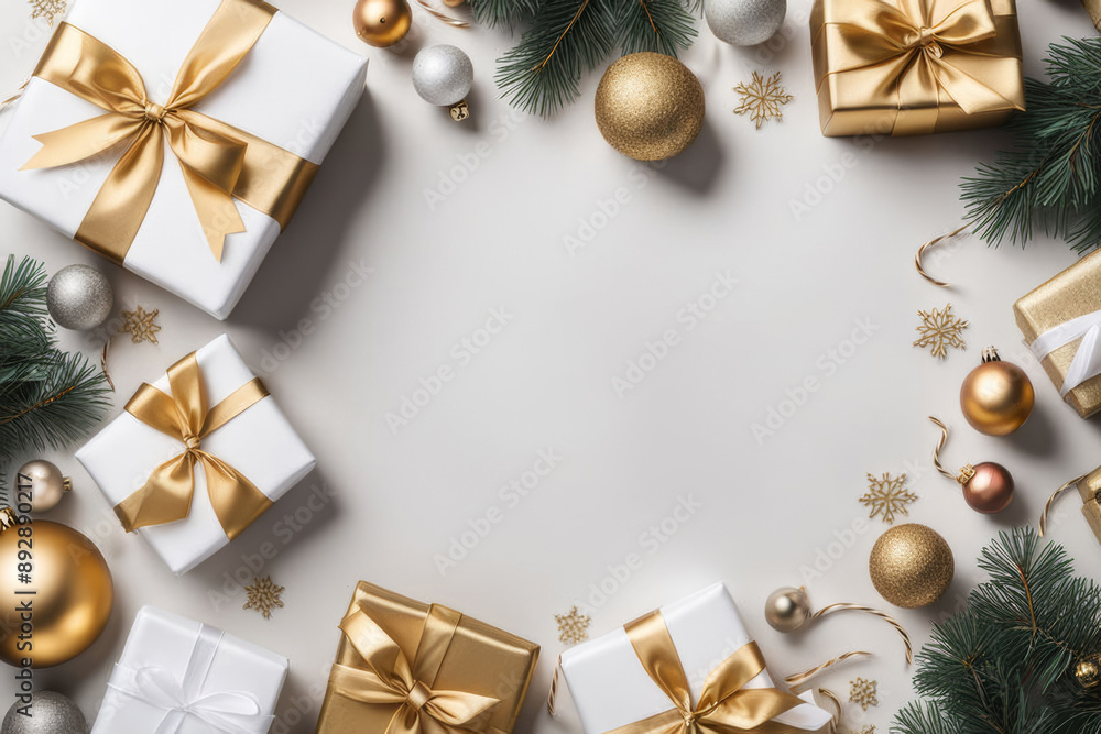 Fashionable Christmas gift themes. Top view shot of fir twigs, gift boxes, gold package, Christmas tree baubles on white background with promo spot Fashionable Christmas gift themes. Top view shot of fir twigs, gift boxes, gold package, Christmas tree baubles on white background with promo spot