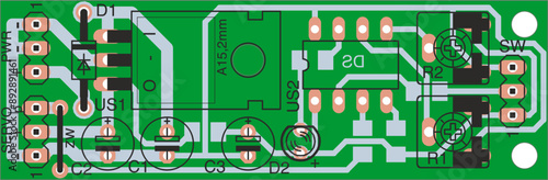 Vector printed circuit board of electronic 
device with components of radio elements, 
conductors and contact pads placed on pcb. 
Engineering technical drawing.