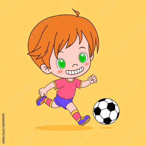 In this vibrant illustration, a young soccer player is in his element, in the middle of a field of dreams.