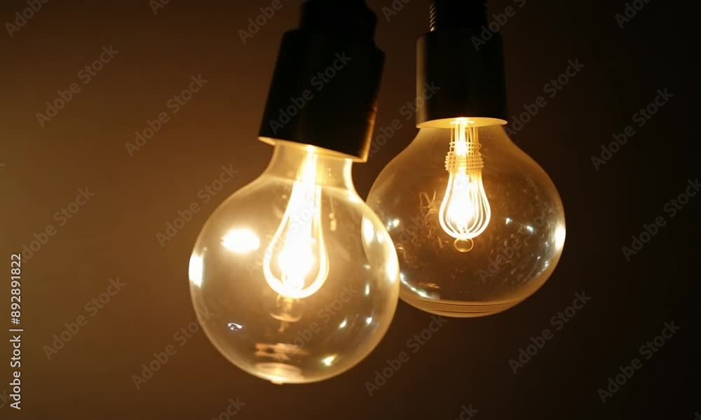 Close-up of two glowing Mocha mousse light bulbs with a warm light, hanging against a dark background Close-up of two glowing Mocha mousse light bulbs with a warm light, hanging against a dark background
