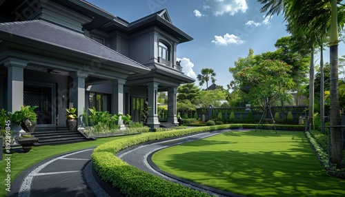 Grey luxury home exterior with lush green yard and a neat path leading to an ornately covered porch and entrance. Clear skies overhead.