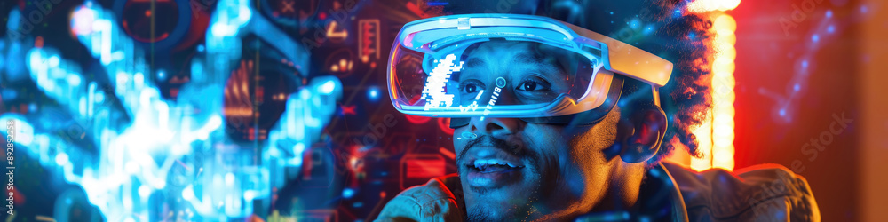 A man wearing a virtual reality headset looks up with a surprised expression as a blue digital hand appears in front of him A man wearing a virtual reality headset looks up with a surprised expression as a blue digital hand appears in front of him