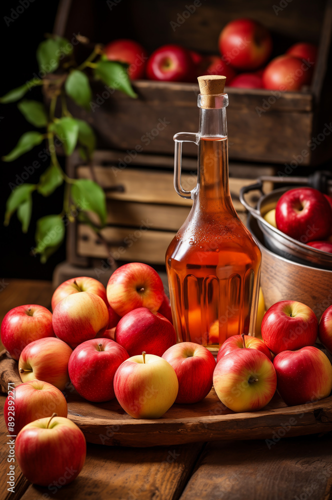 Glass bottle of apple cider with a cork stopper, surrounded by shiny red and yellow apples on a wooden tray. Additional apples in a crate and bucket in the rustic background. Glass bottle of apple cider with a cork stopper, surrounded by shiny red and yellow apples on a wooden tray. Additional apples in a crate and bucket in the rustic background.