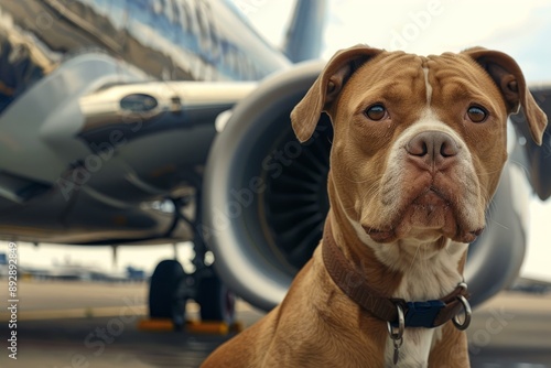 Confident dog with a curious expression waiting patiently by the aircraft on a tarmac photo