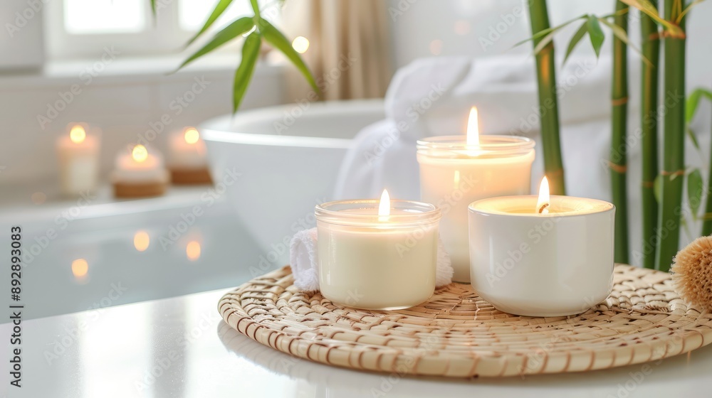 Make soy candles in a white bathroom with bamboo plant Make soy candles in a white bathroom with bamboo plant