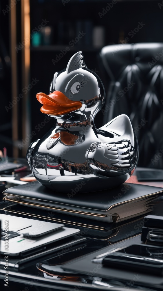 Fototapeta premium A silver duck sitting on top of a desk next to an open laptop, AI