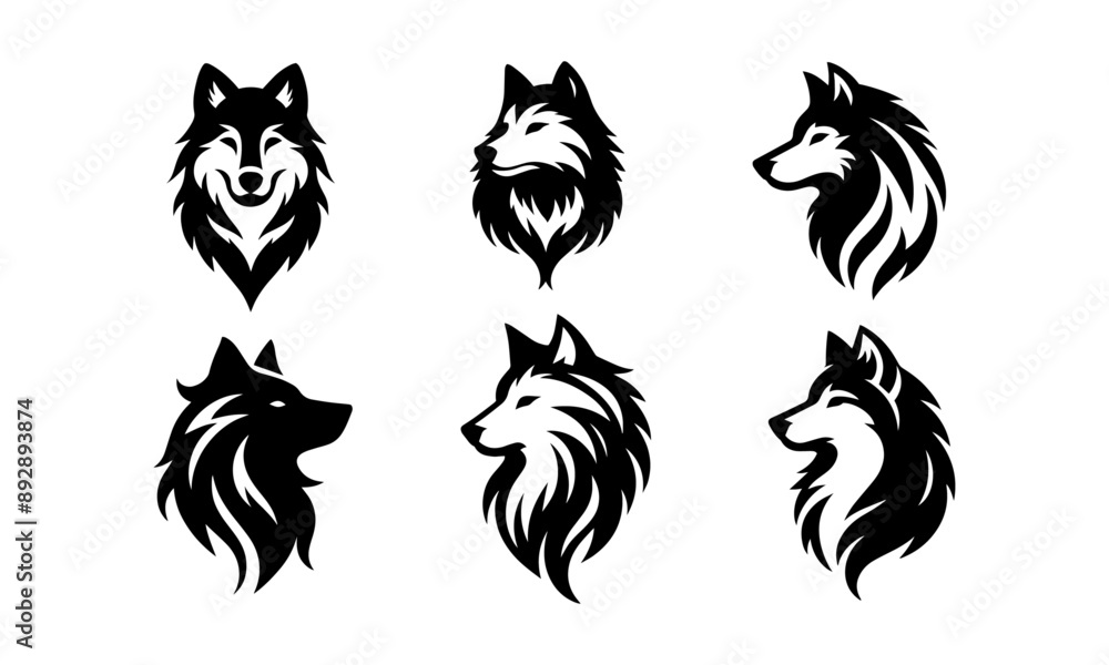 Obraz premium Wolf Head silhouettes set isolated on white background, Wolf Head in different poses Silhouettes set in black and white, Wolf Head vector set