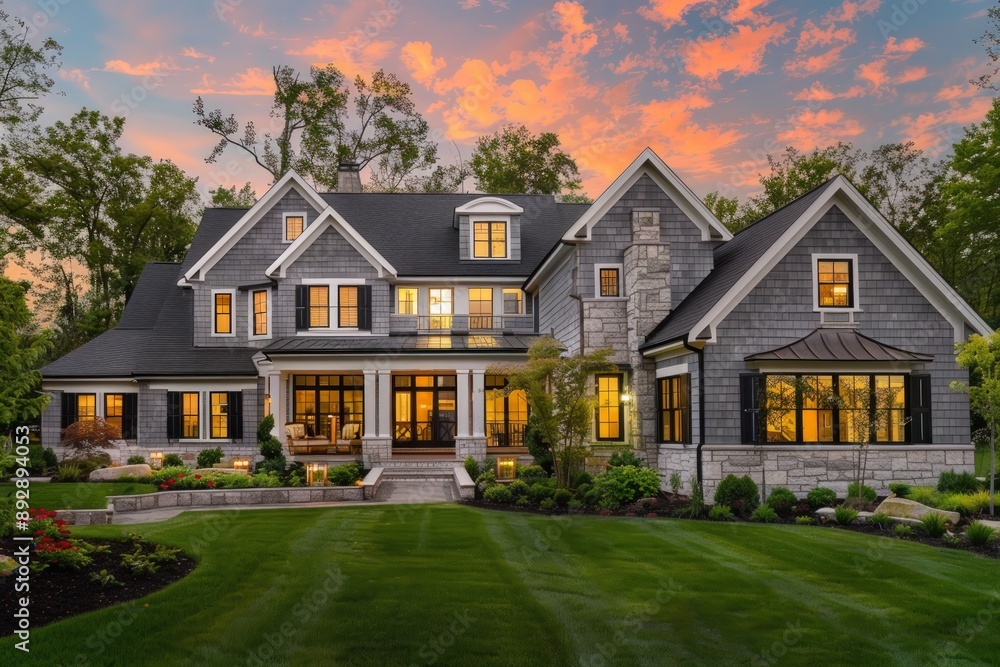 HD wide-angle shot of a luxury home with a large front porch, grey shingle walls, white stone accents, black shutters, lush landscaping, green grass, and trees, at sunset. HD wide-angle shot of a luxury home with a large front porch, grey shingle walls, white stone accents, black shutters, lush landscaping, green grass, and trees, at sunset.