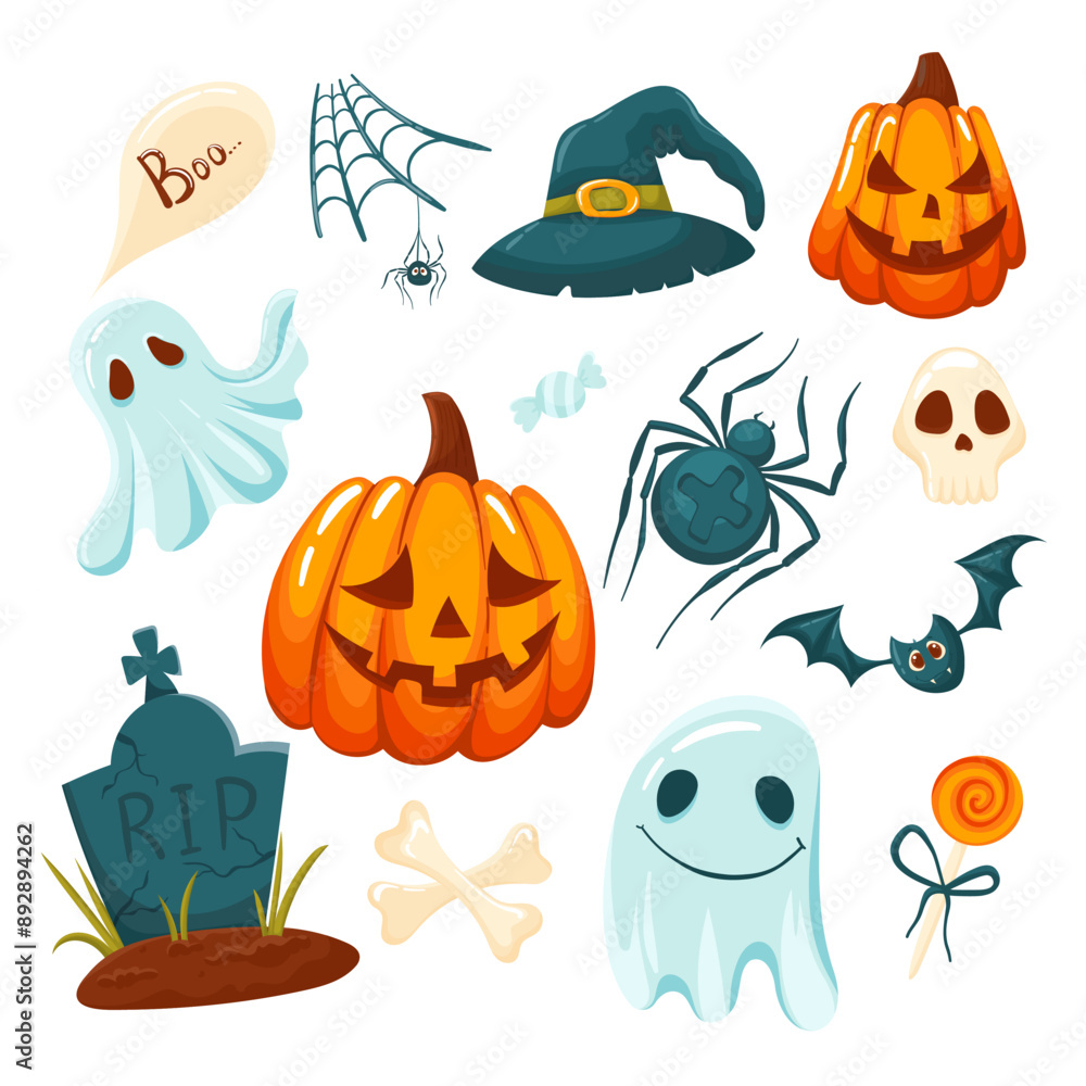 Halloween set of illustrated vector elements. Pumpkin, witch's cauldron, eye, bat, ghosts, and skull in simple vector style, isolated on a white background. Autumn holiday atmosphere Halloween set of illustrated vector elements. Pumpkin, witch's cauldron, eye, bat, ghosts, and skull in simple vector style, isolated on a white background. Autumn holiday atmosphere