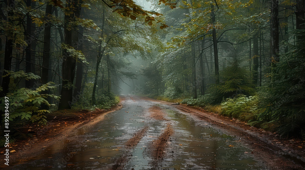 A captivating photograph of a forest path during rainfall A captivating photograph of a forest path during rainfall