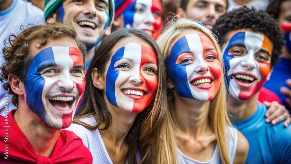 A group of fans watching the 2024 Olympic Summer Games, wearing makeup in the colors of the French flag A group of fans watching the 2024 Olympic Summer Games, wearing makeup in the colors of the French flag