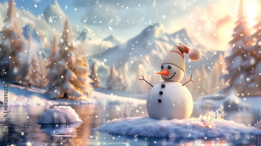 Obraz premium Merry christmas and happy new year greeting card with copy-space.happy snowman standing in christmas landscape.snow background.winter fairytale. landscape.