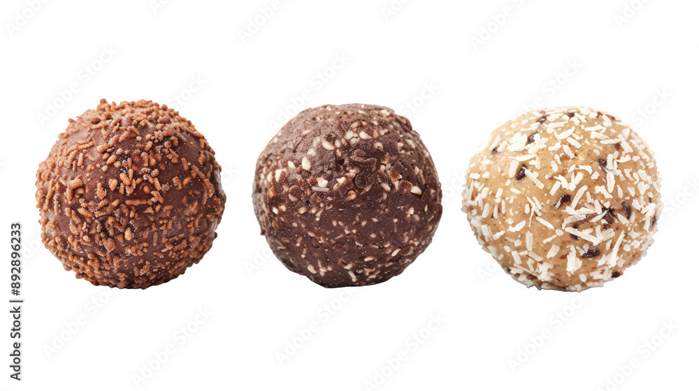 Collection Of Varieties Of Protein Balls Chocolate Peanut Butter And Coconut For Healthy Energy isolated on transparent background. Generative ai Collection Of Varieties Of Protein Balls Chocolate Peanut Butter And Coconut For Healthy Energy isolated on transparent background. Generative ai