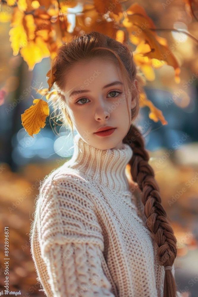 Portrait of a woman with a long braid in her hair, looking directly at the camera Portrait of a woman with a long braid in her hair, looking directly at the camera
