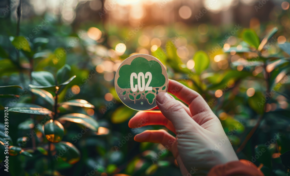 Reduce CO2 emission concept. A hand holds a green CO2 emissions symbol ...