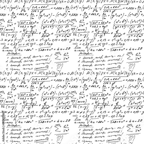 Mathematical vector seamless pattern with geometrical figures and formulas, handwritten .
 Vector hand-drawn illustration. Hand drawing mathematical expressions. mathematical symbols. 