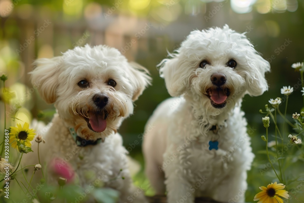 Two happy white dogs with fluffy fur enjoying a sunny day among garden flowers Two happy white dogs with fluffy fur enjoying a sunny day among garden flowers