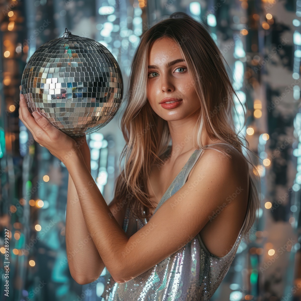 Naklejka premium new year party concept with girl holding disco ball
