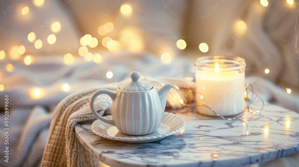 Teapot and candle on marble table with Christmas lights in cozy bedroom.