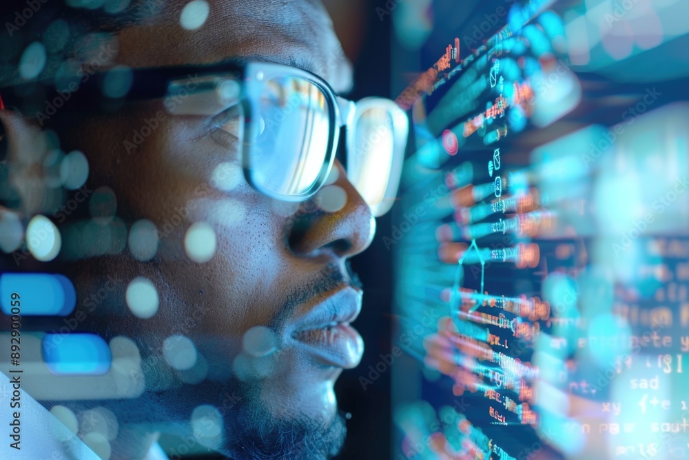 A person studying or working on a computer with glasses A person studying or working on a computer with glasses