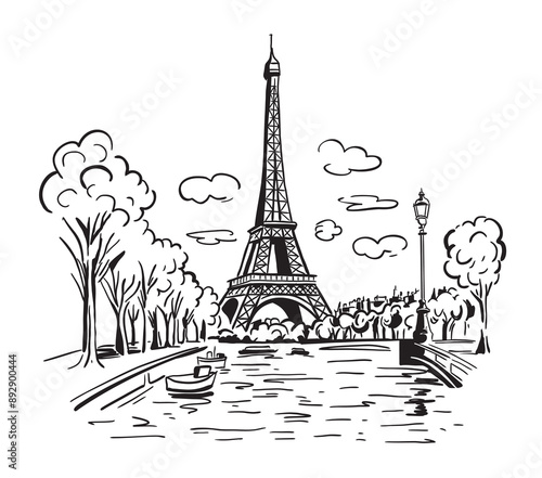The Eiffel Tower in Paris with the city in the background. Landmark of Paris. Vector linear illustration. Doodle style